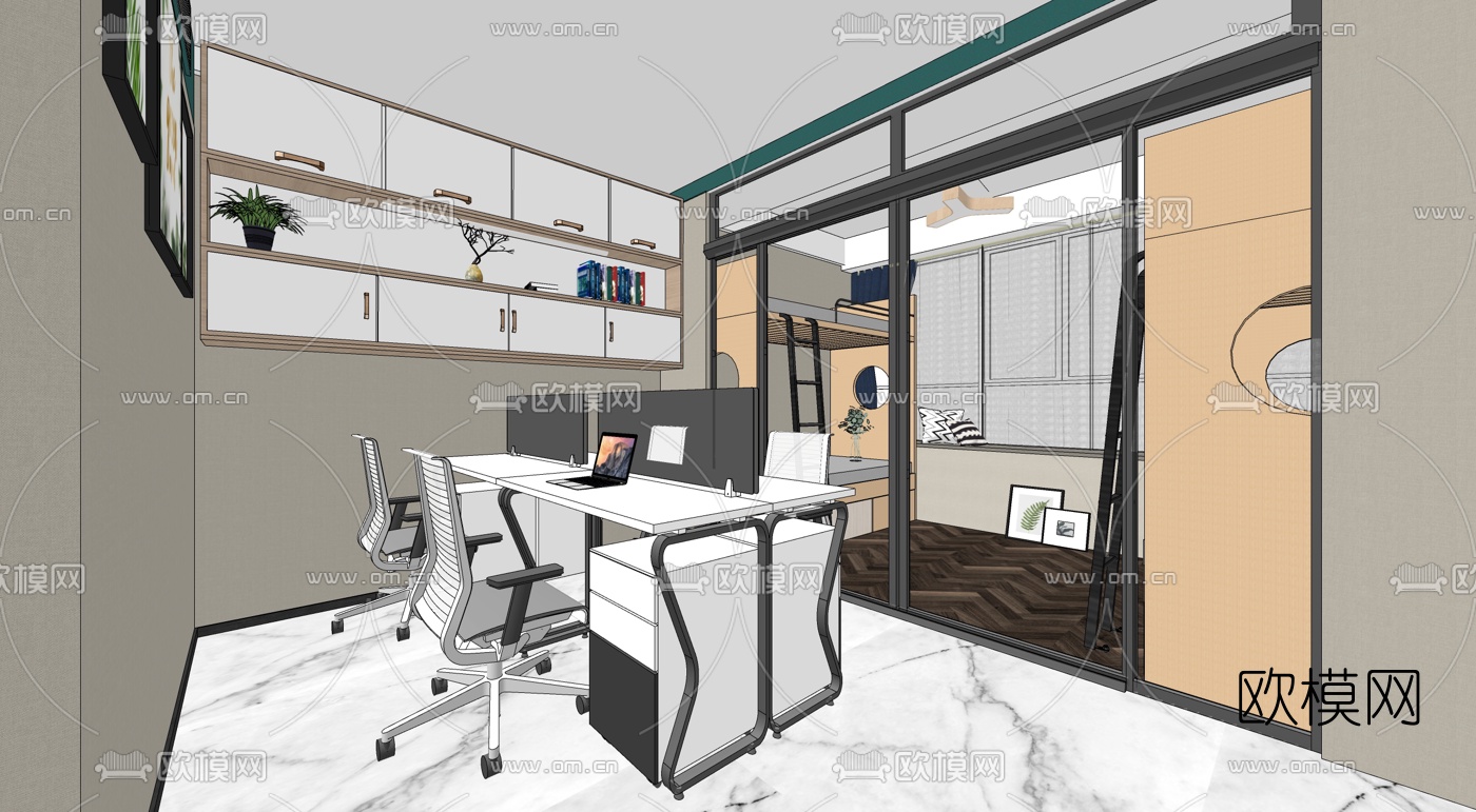 现代学校双人间宿舍su模型下载（渲染图1）