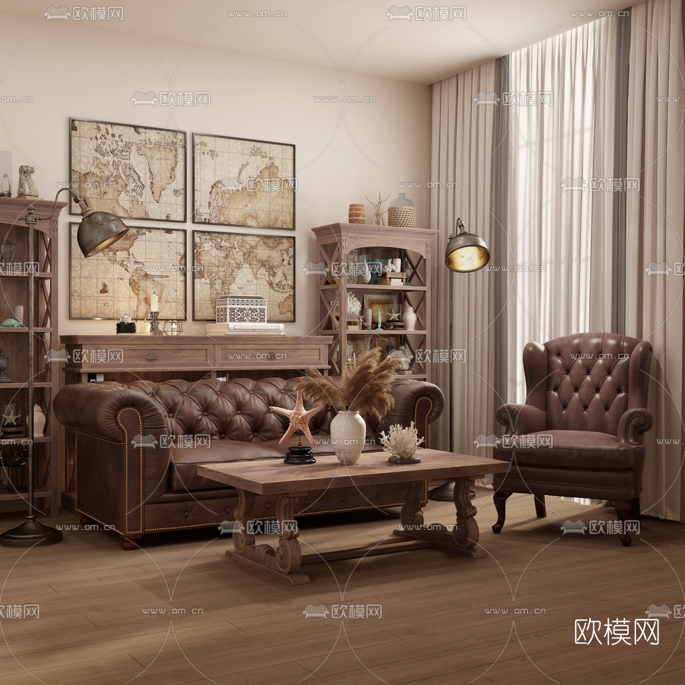 欧式古典复古客厅家具组合3d模型下载（渲染图1）