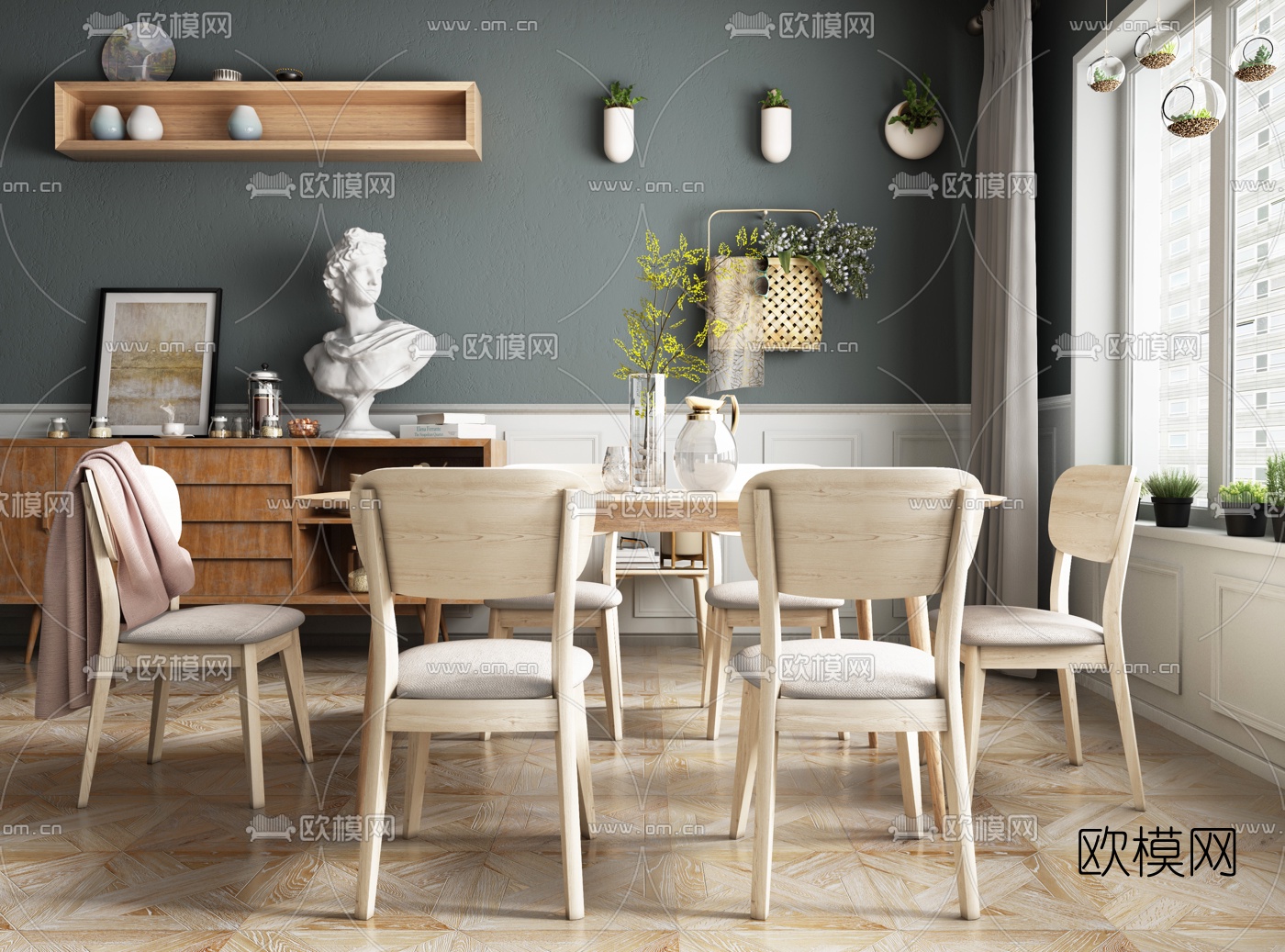 北欧原木餐桌椅3d模型下载（渲染图1）