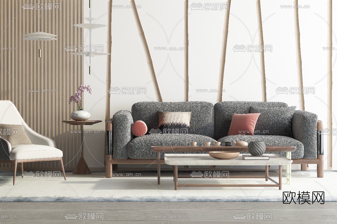 新中式布艺沙发组合su模型下载（渲染图1）