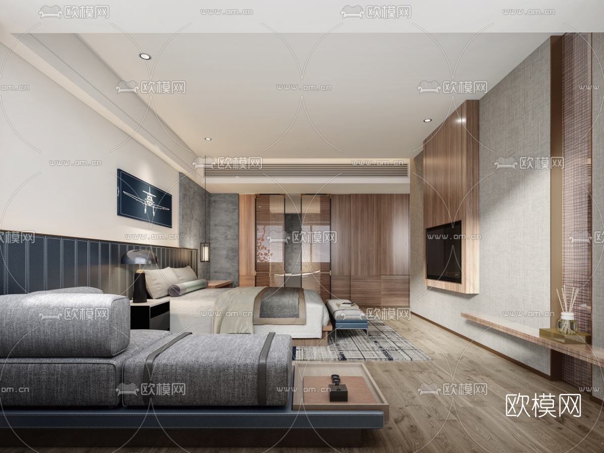 现代酒店双人床客房3d模型