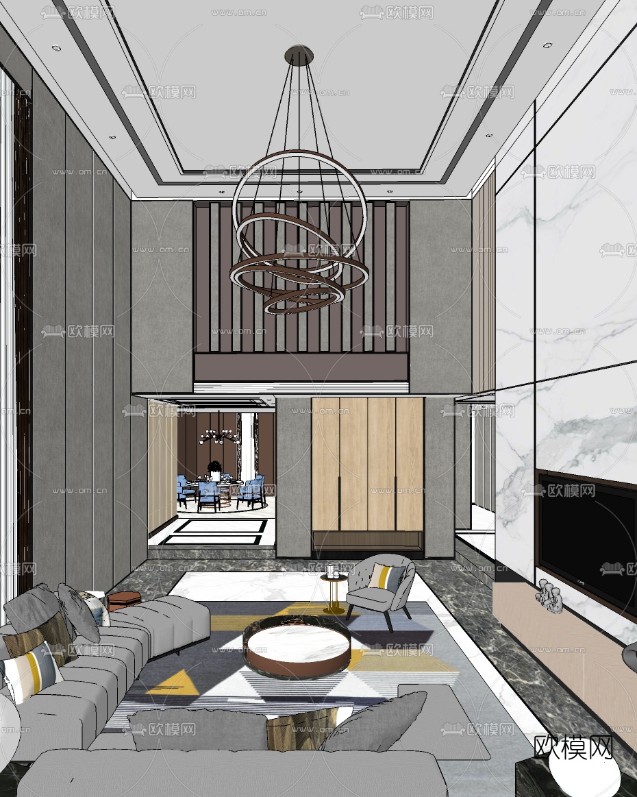 现代挑高客厅su模型下载（渲染图2）