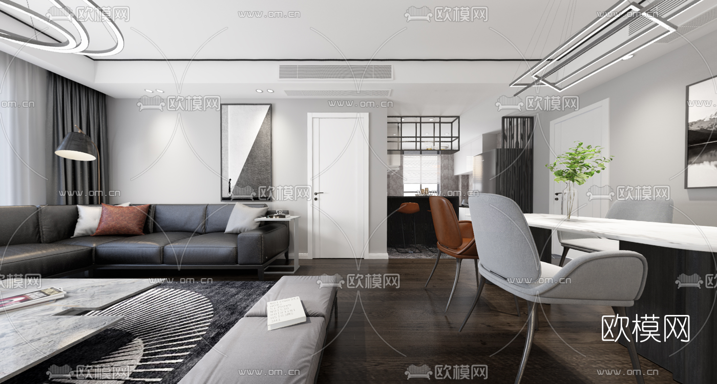 现代客厅餐厅vr全景3d模型