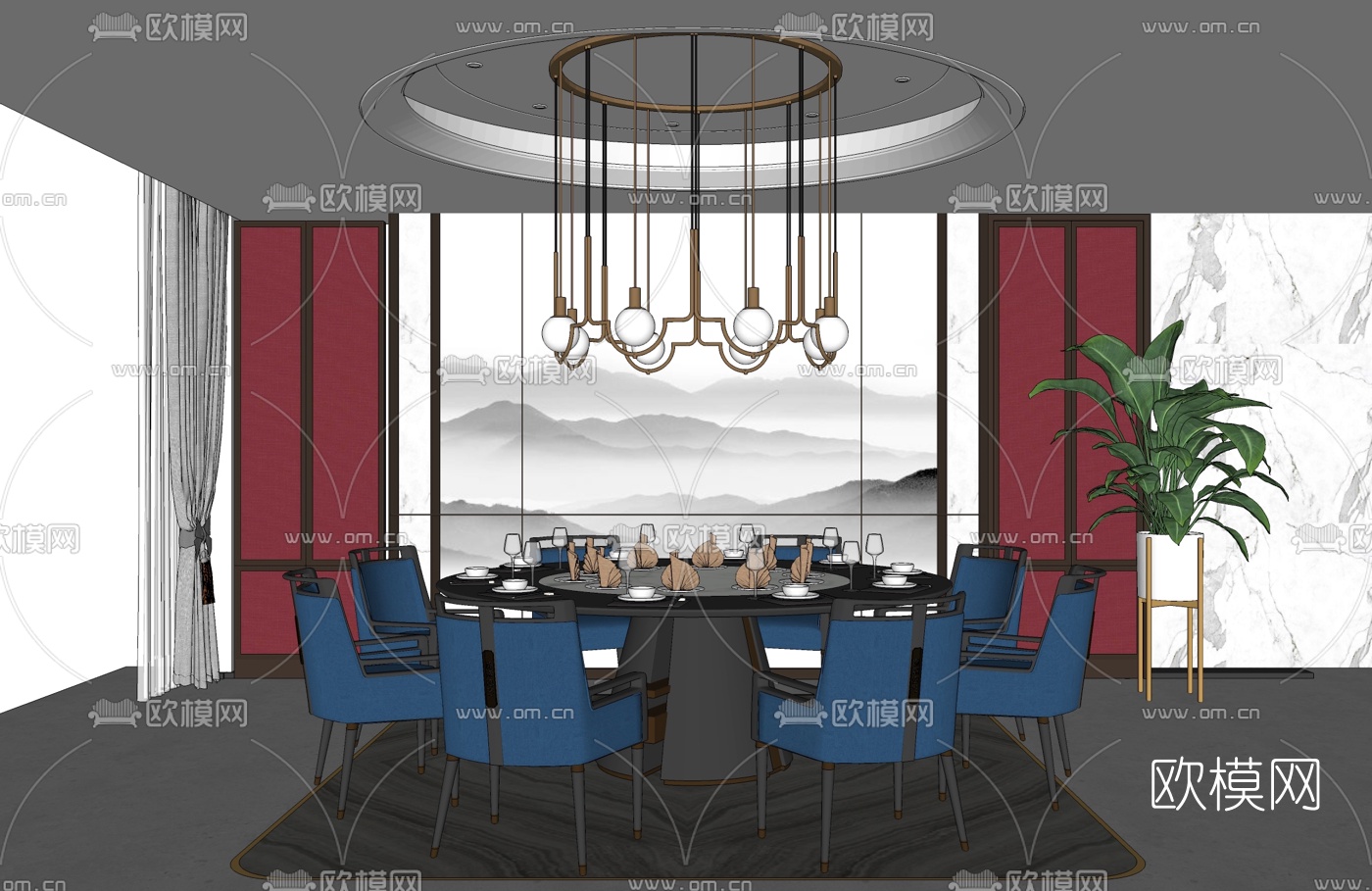 新中式餐厅su模型
