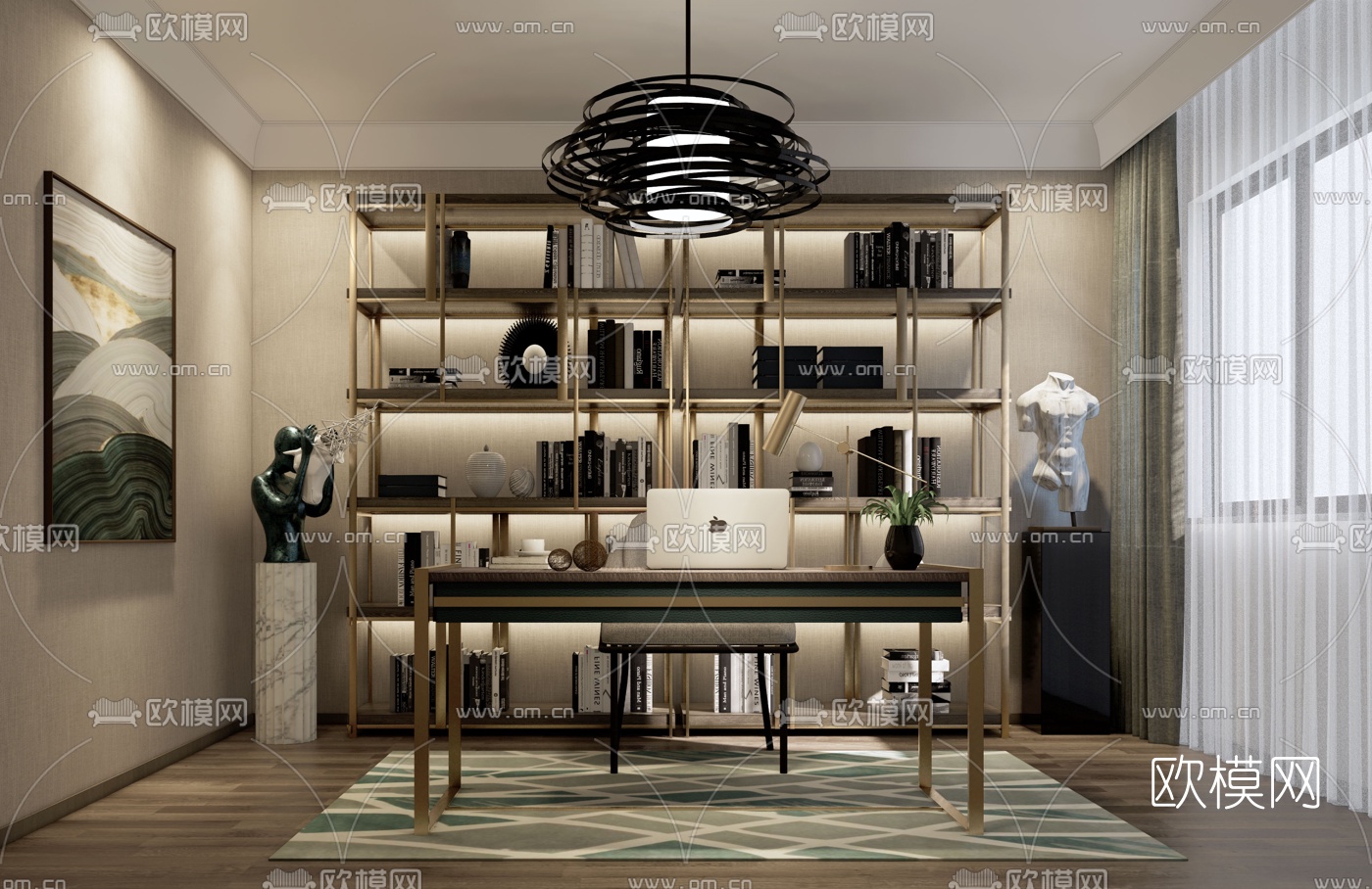 现代轻奢书房su模型