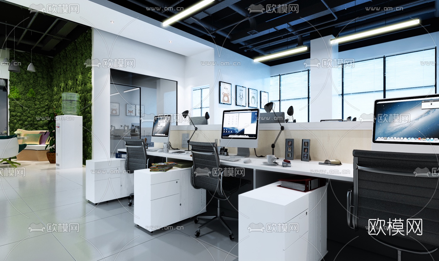 现代敞开式办公室免费3d模型下载（渲染图1）