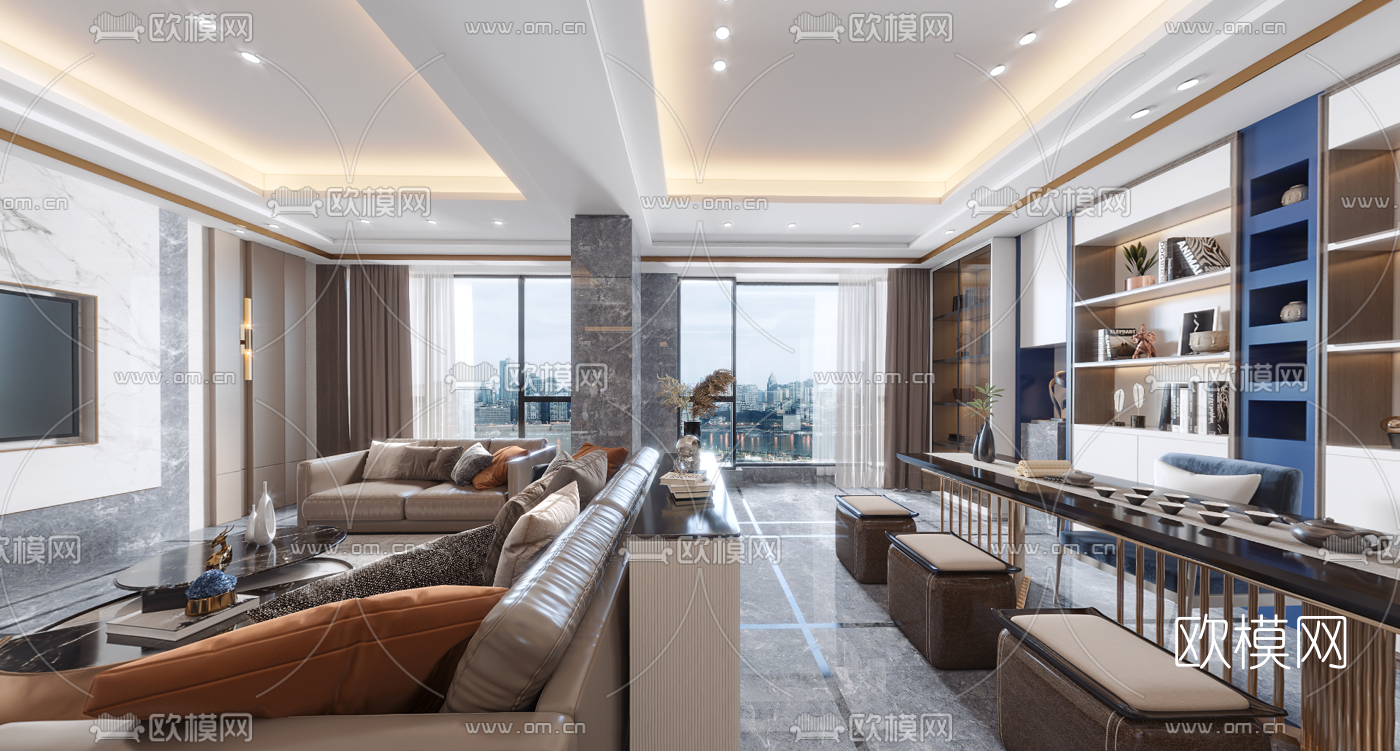 现代轻奢客厅餐厅vr全景3d模型