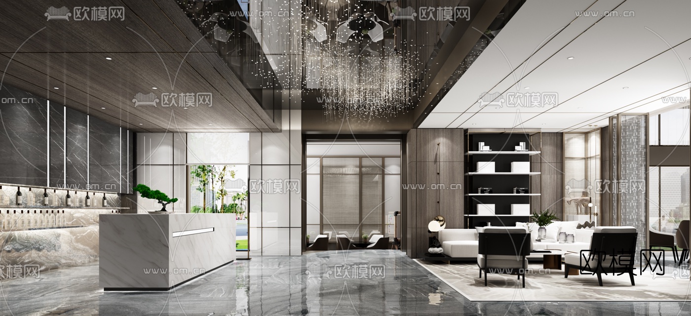 新中式售楼处水吧洽谈区3d模型下载