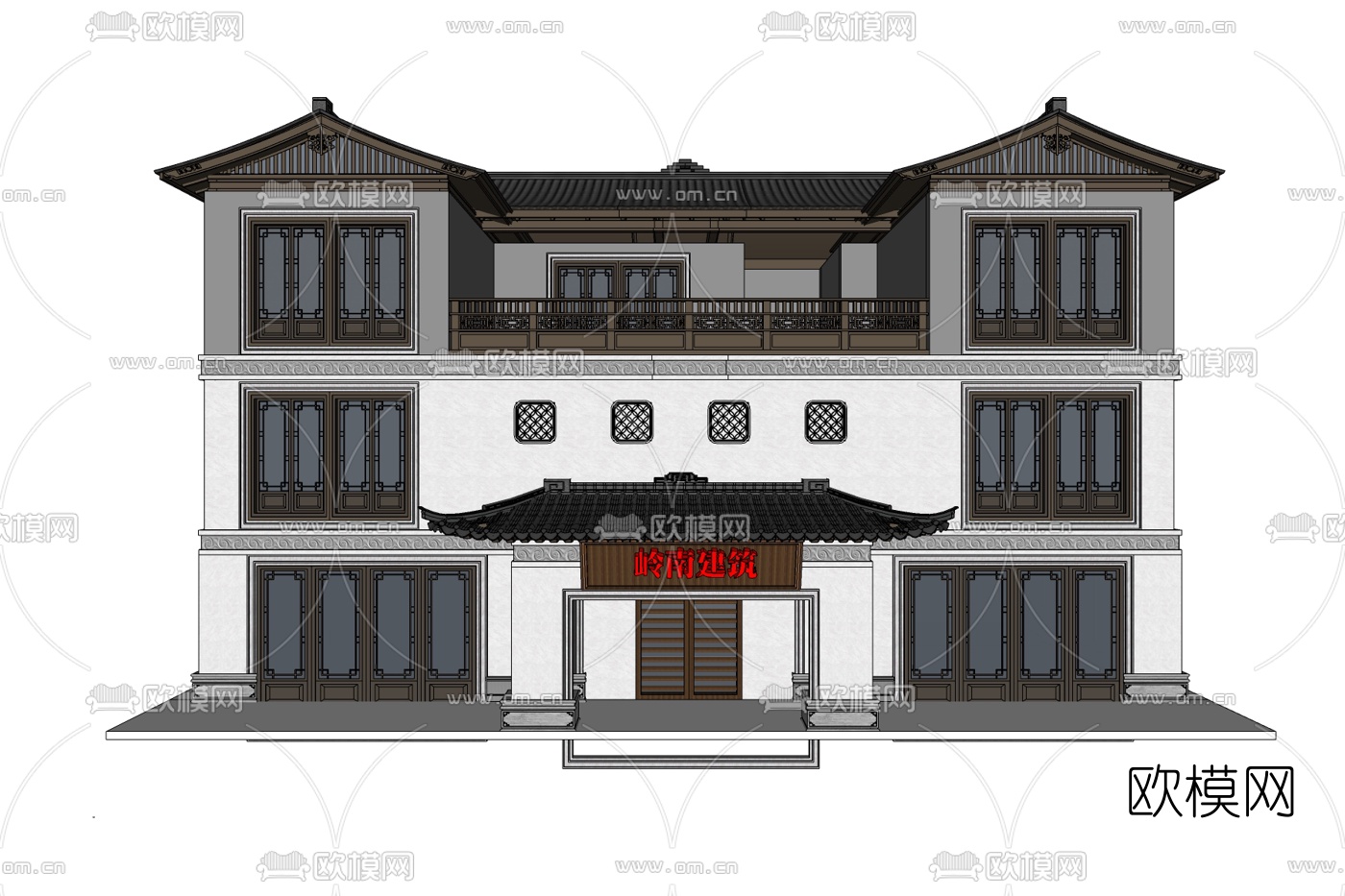 新中式独栋别墅外观免费su模型下载