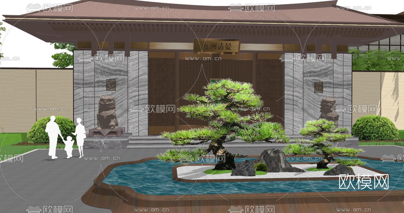 新中式售楼景观皇家蘭台府su模型下载（渲染图3）