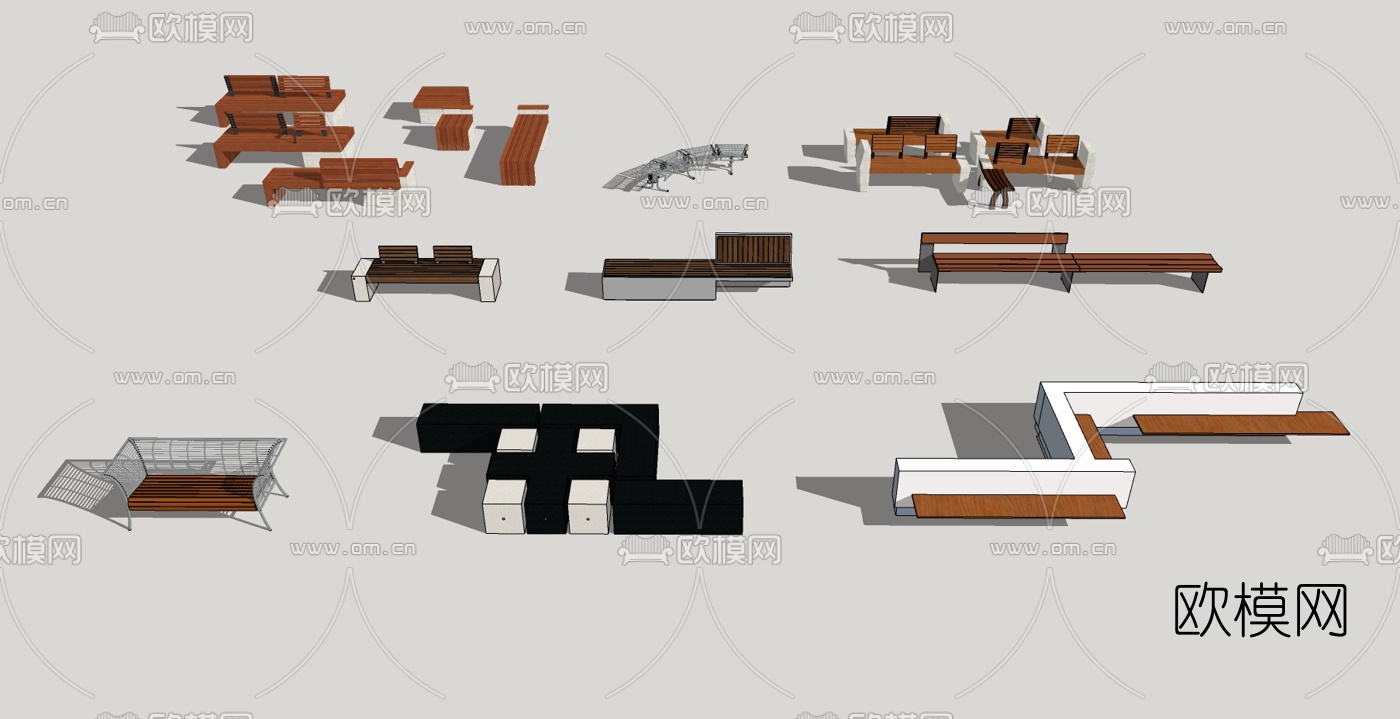 现代户外景观公用椅组合su模型下载