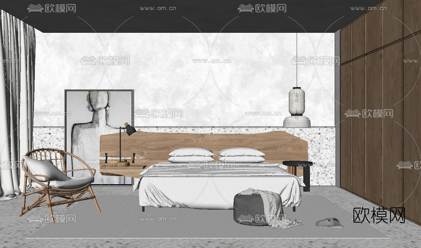 北欧布艺双人床su模型下载