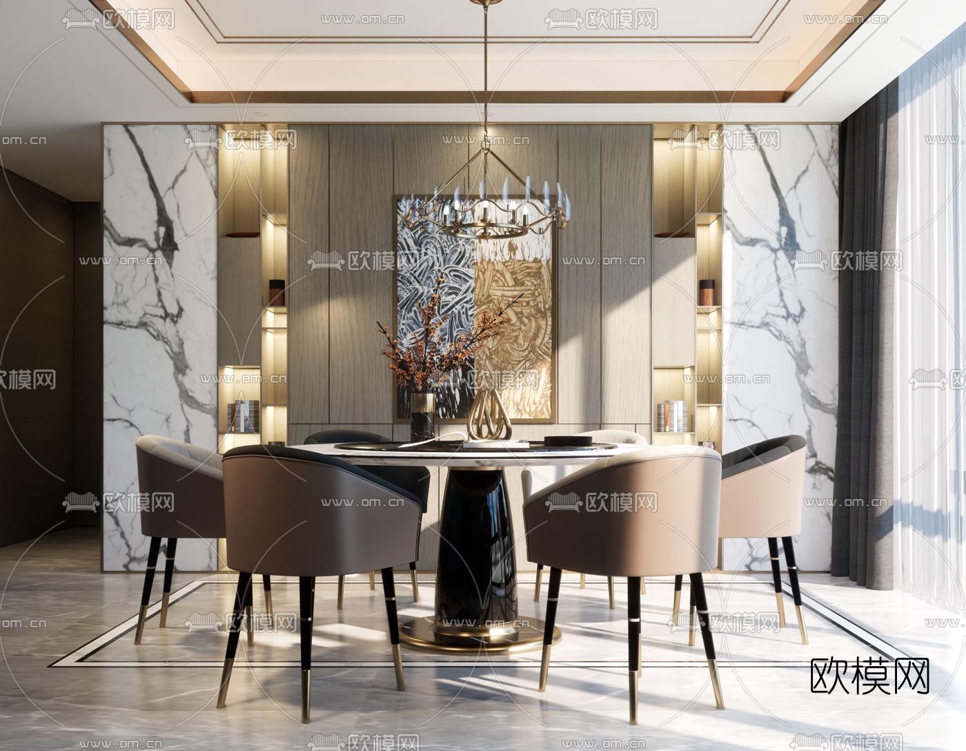 新中式轻奢餐厅su模型下载（渲染图1）