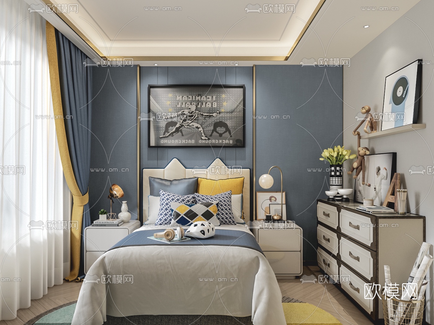 现代轻奢卧室儿童房3d模型下载