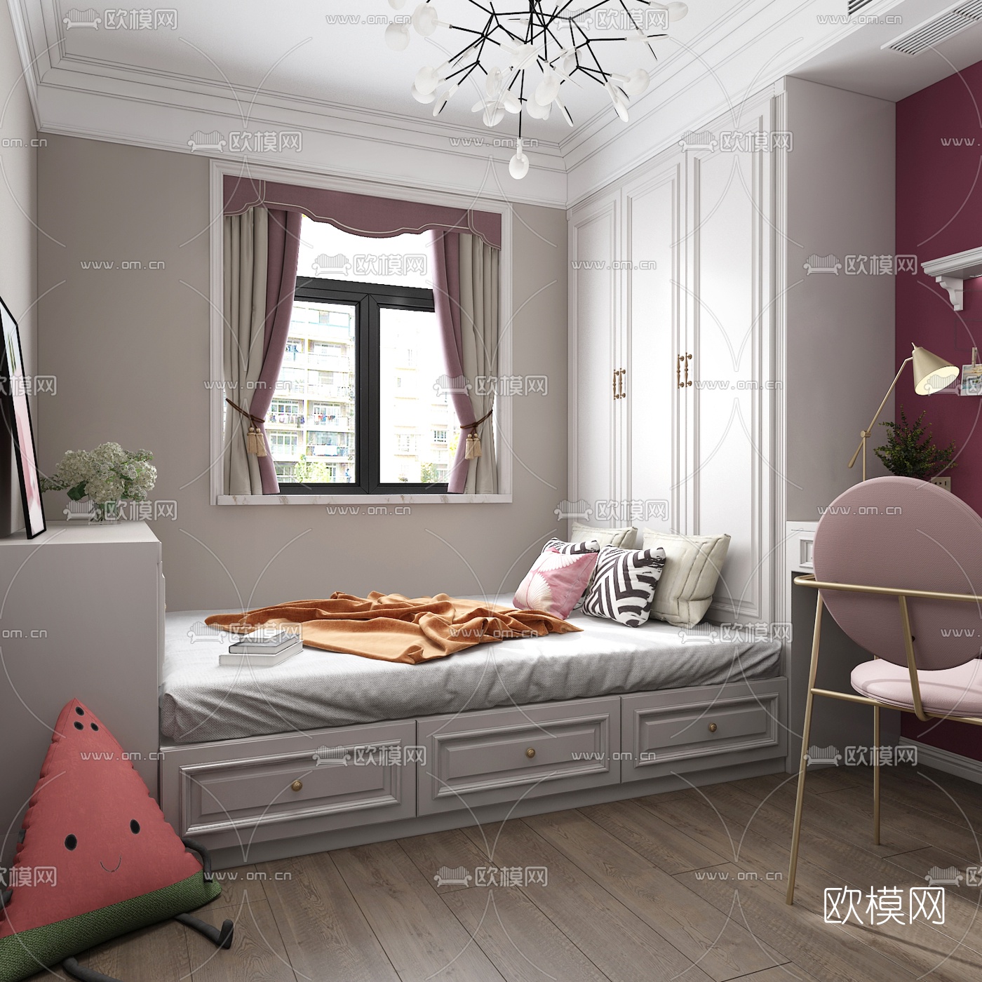 美式榻榻米女孩房3d模型下载（渲染图1）