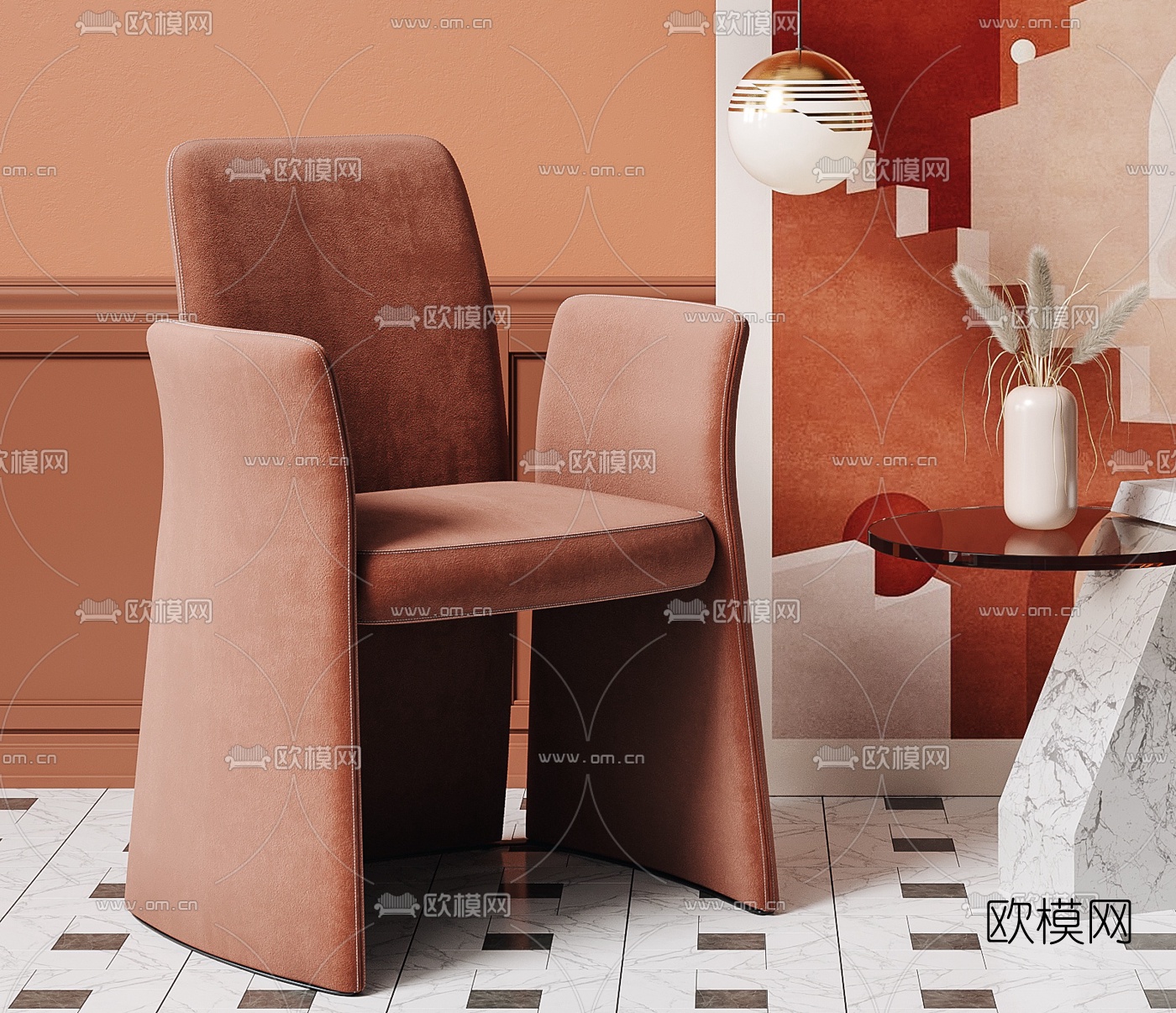 现代轻奢单椅边几组合3d模型下载（渲染图2）
