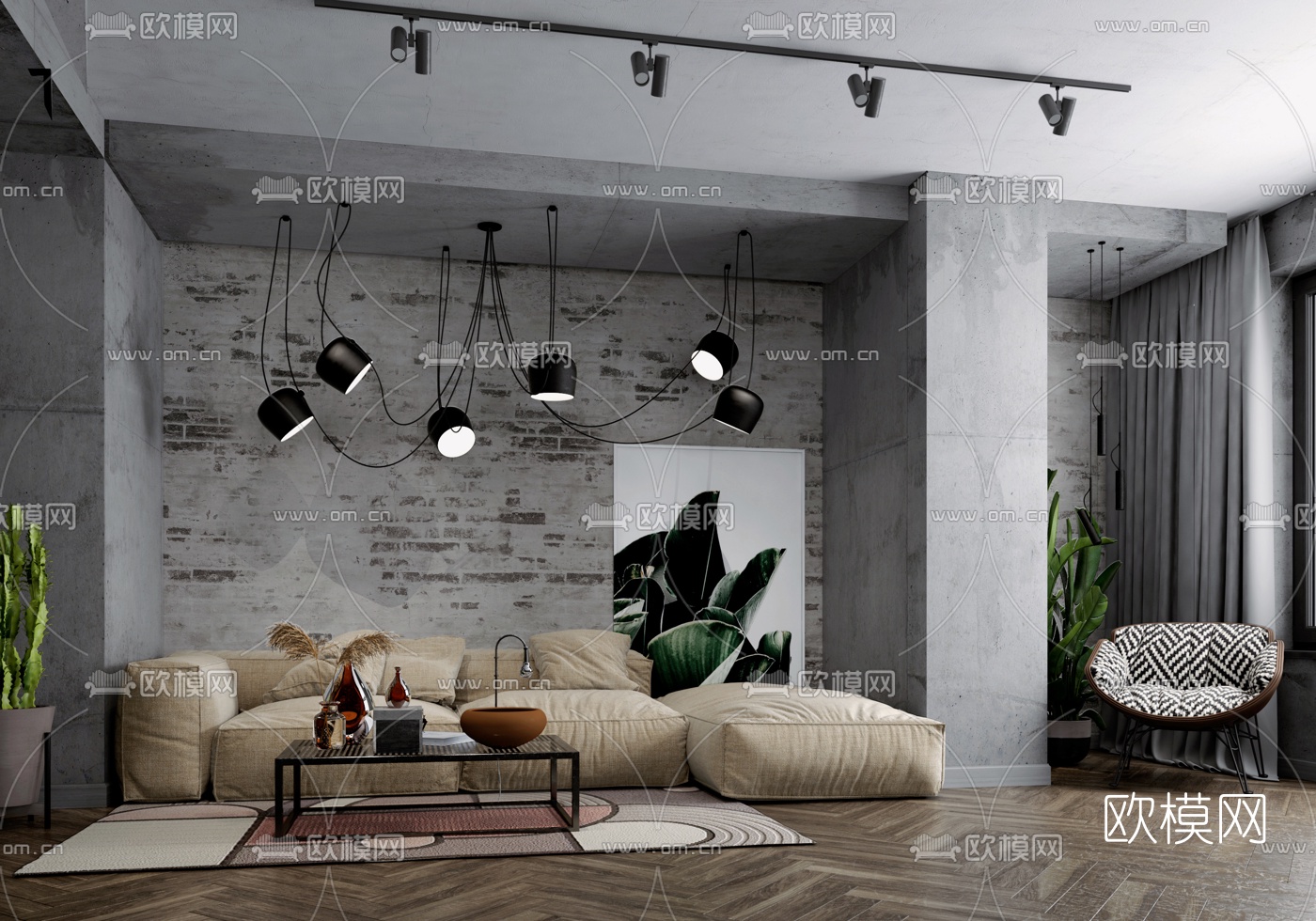 工业风布艺转角沙发茶几3d模型