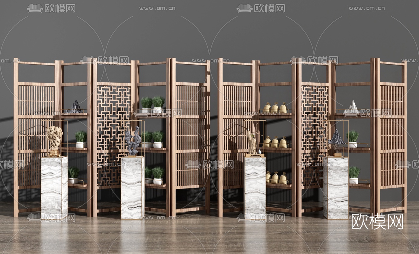 新中式屏风隔断绿植花架3d模型