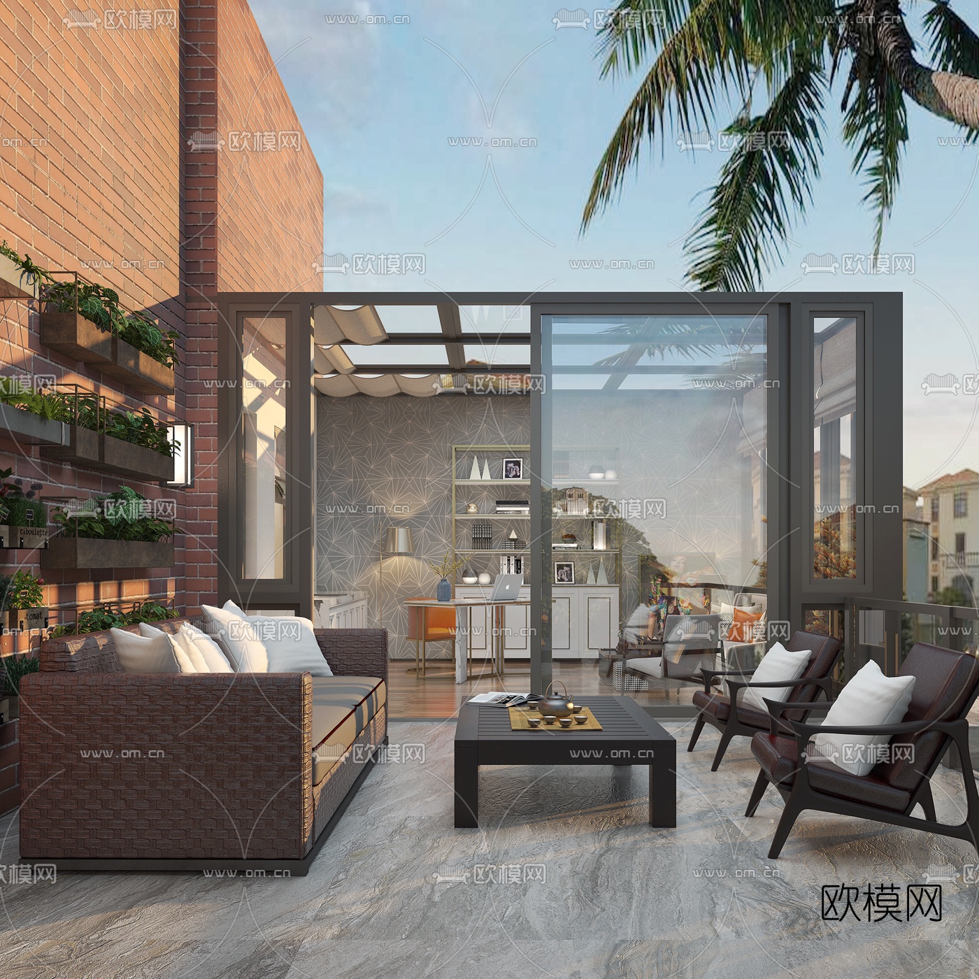 现代阳台休闲区3d模型下载（渲染图1）