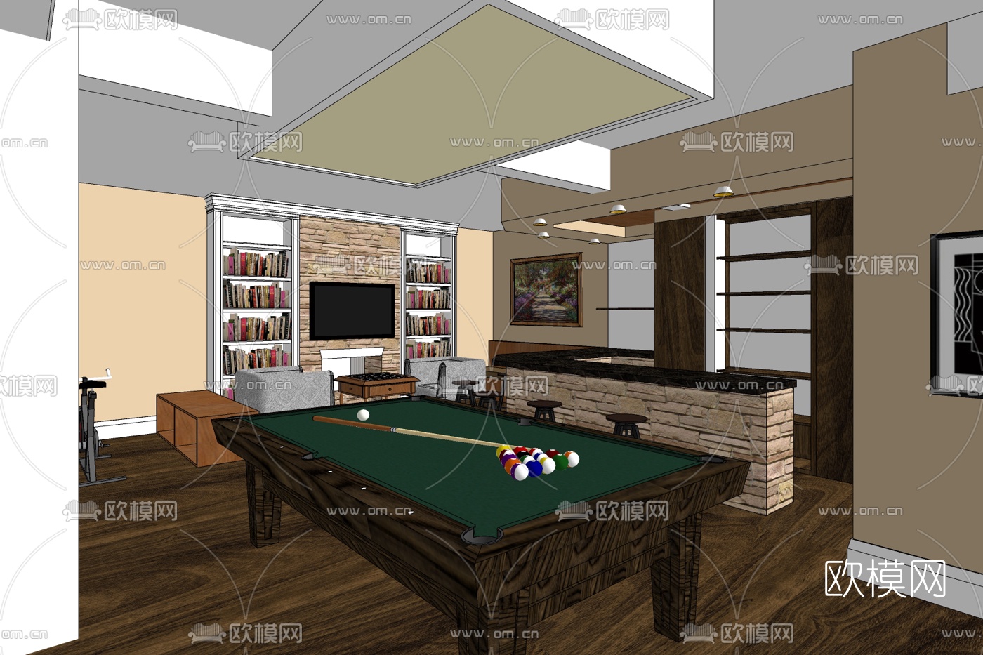 现代桌球娱乐室免费su模型下载