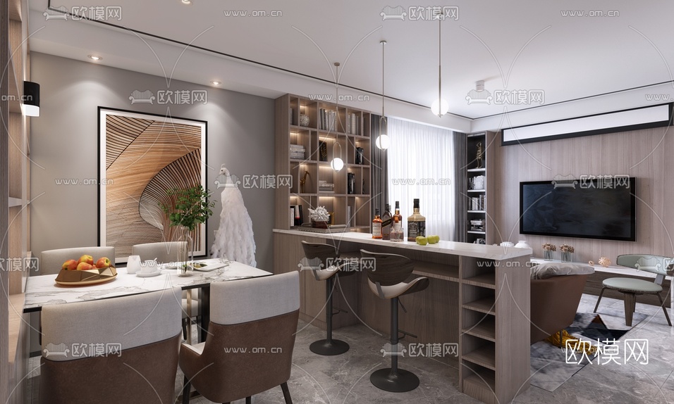 现代轻奢客厅餐厅3d模型下载(渲染图2)