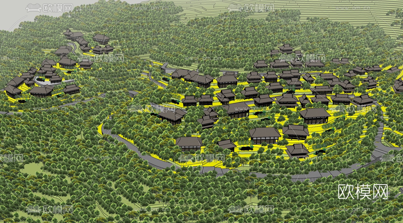 中式村庄规划su模型下载（渲染图2）