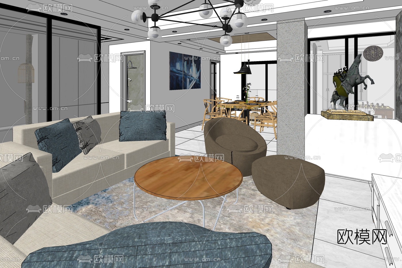 现代客厅餐厅免费su模型下载