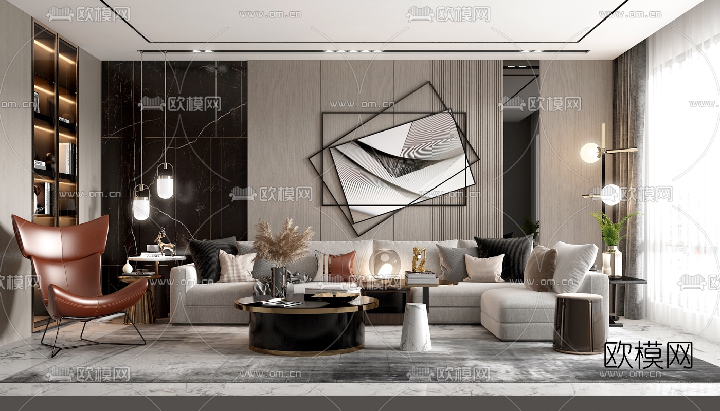 现代轻奢布艺沙发组合3d模型-免费3dmax模型库-欧模网