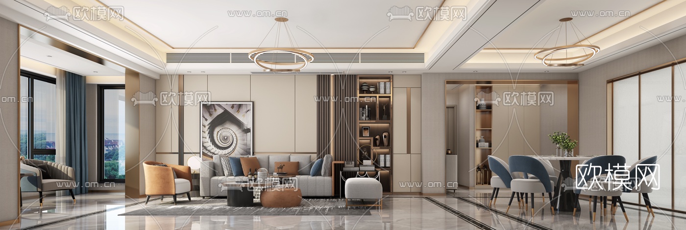 现代轻奢客厅餐厅3d模型