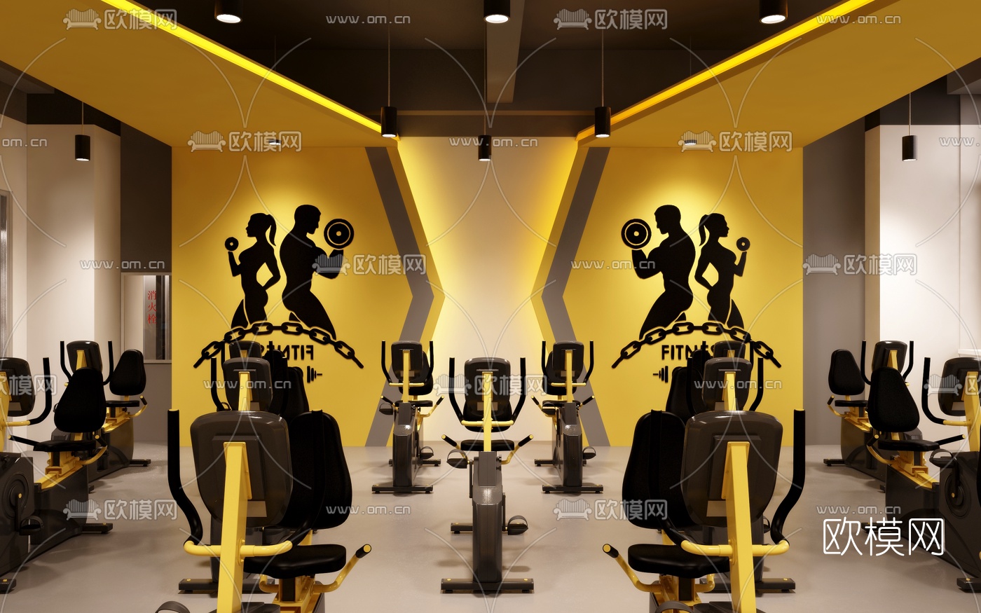 工业风动感单车健身房3d模型下载（渲染图2）