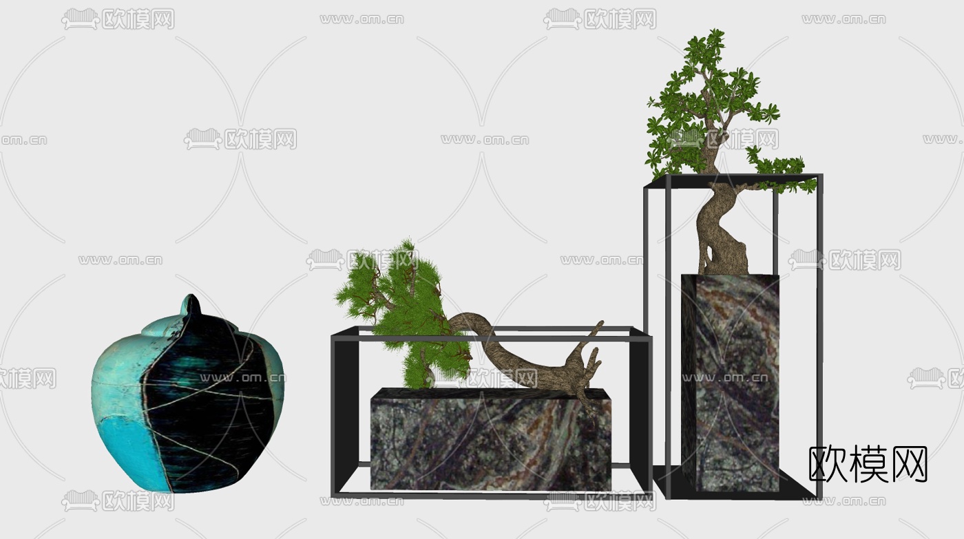 新中式松树盆栽su模型下载