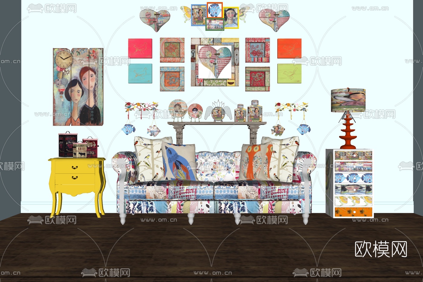 简欧多人沙发边柜免费su模型下载
