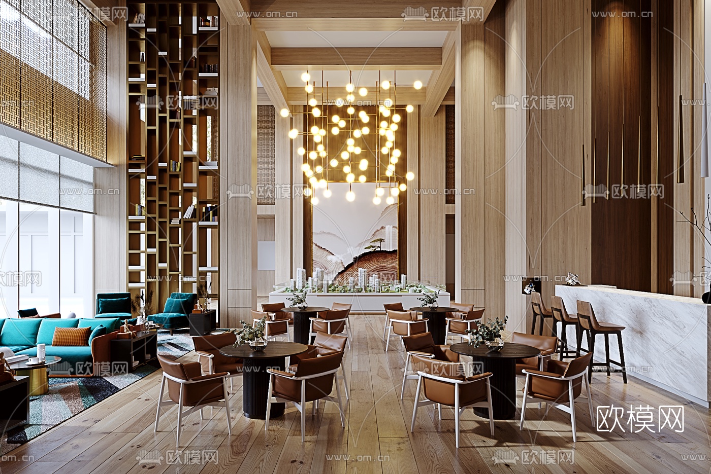 新中式售楼处洽谈区3d模型下载（渲染图1）