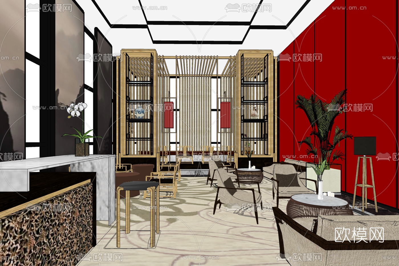 新中式售楼处休息区免费su模型下载