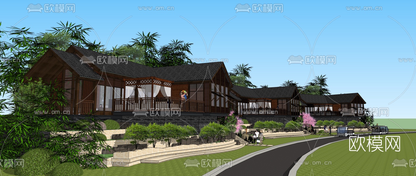 自然风斜屋顶民宿su模型下载（渲染图1）