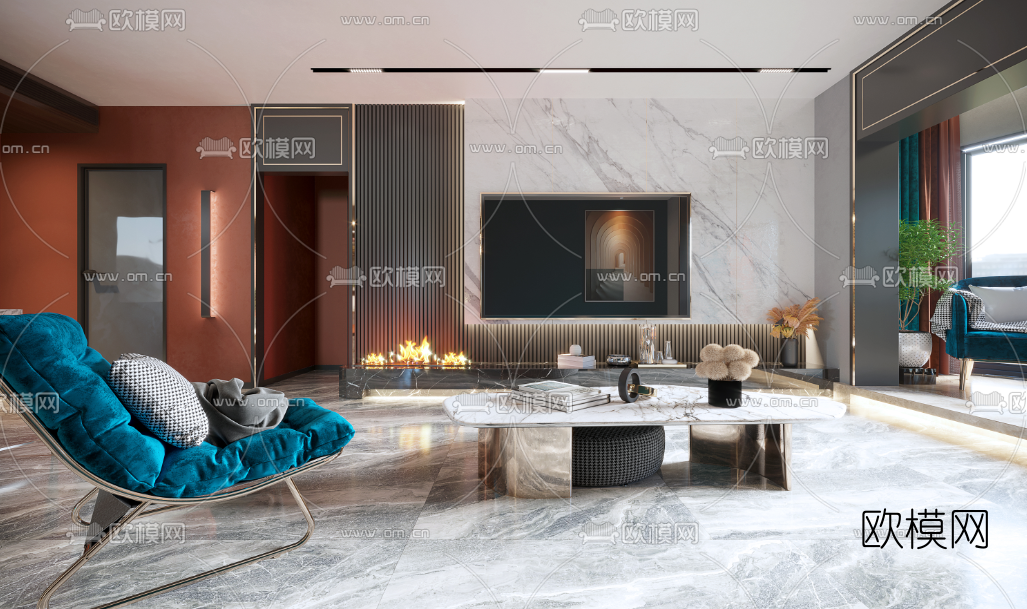 后现代轻奢客厅餐厅3d模型