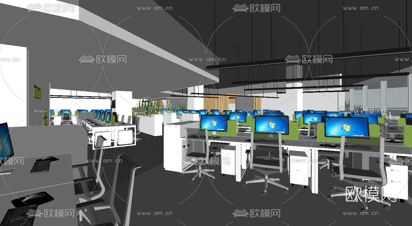 现代敞开式办公室su模型下载（渲染图2）