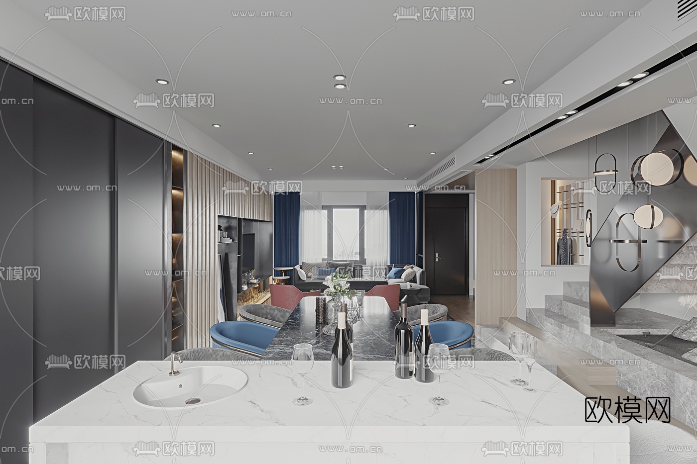 现代客厅餐厅3d模型
