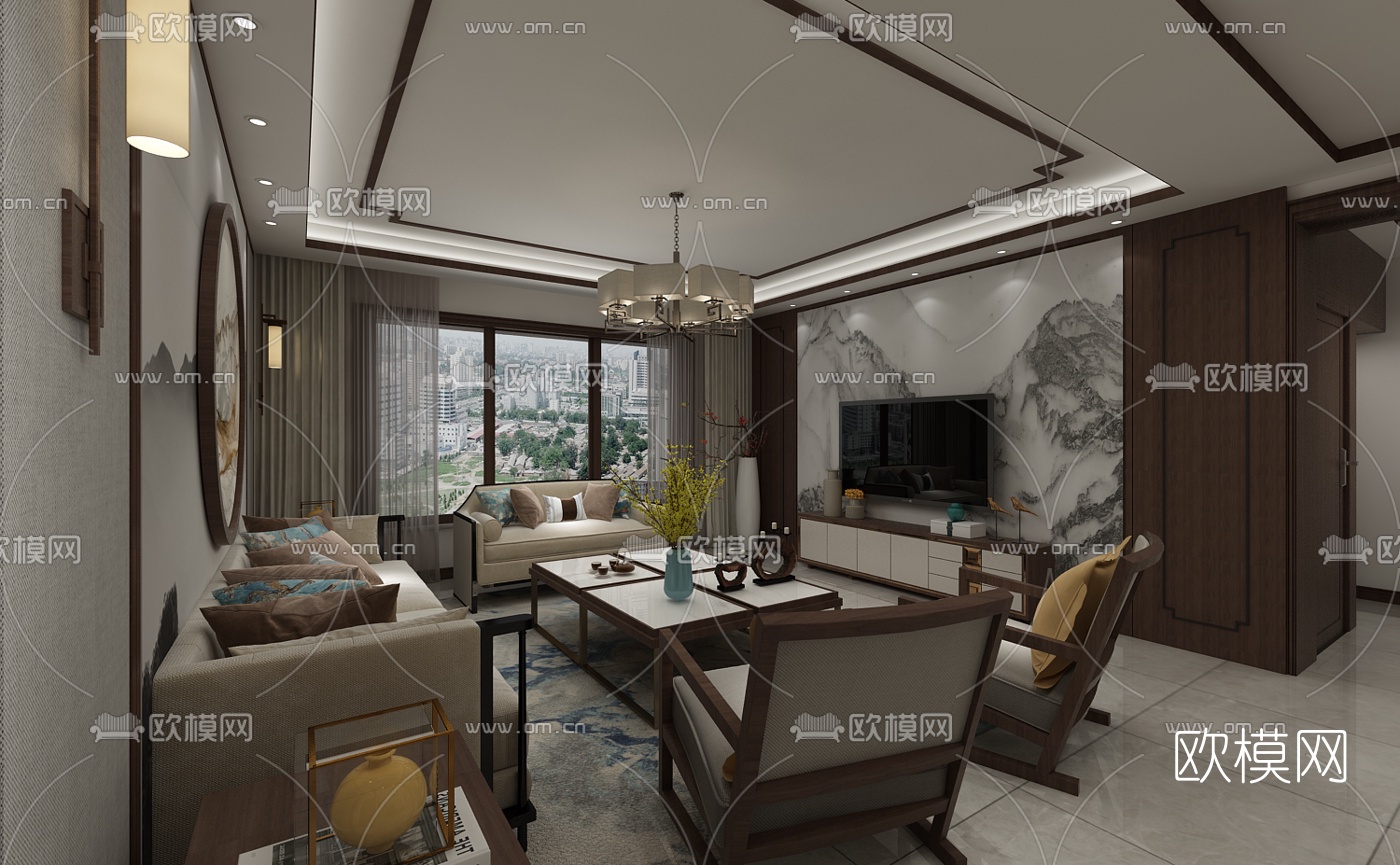 新中式复式客厅餐厅免费3d模型下载（渲染图1）