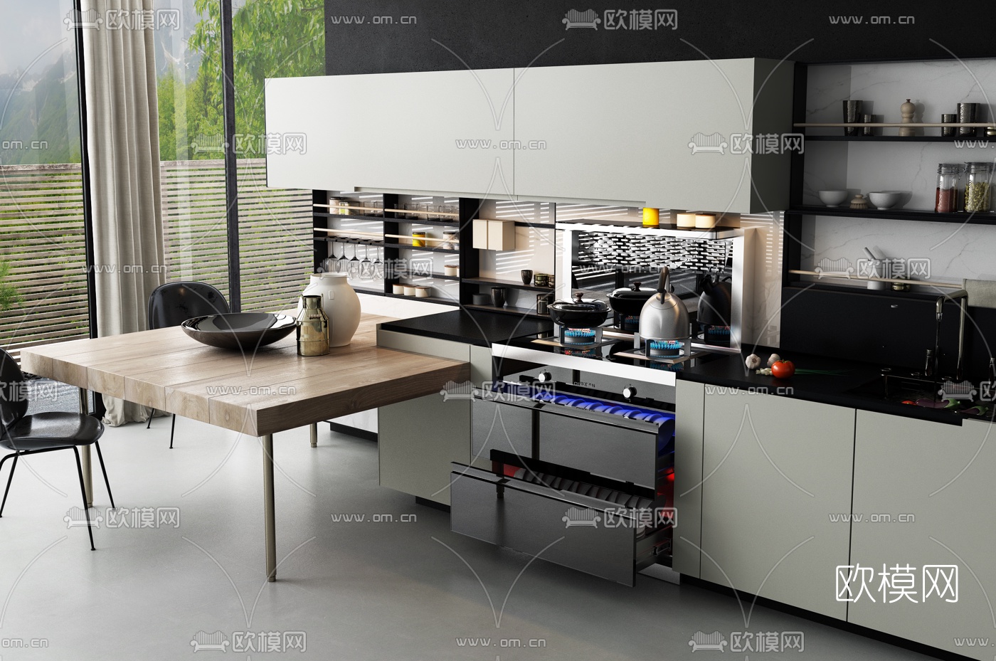 现代厨房橱柜集成灶3d模型下载（渲染图2）