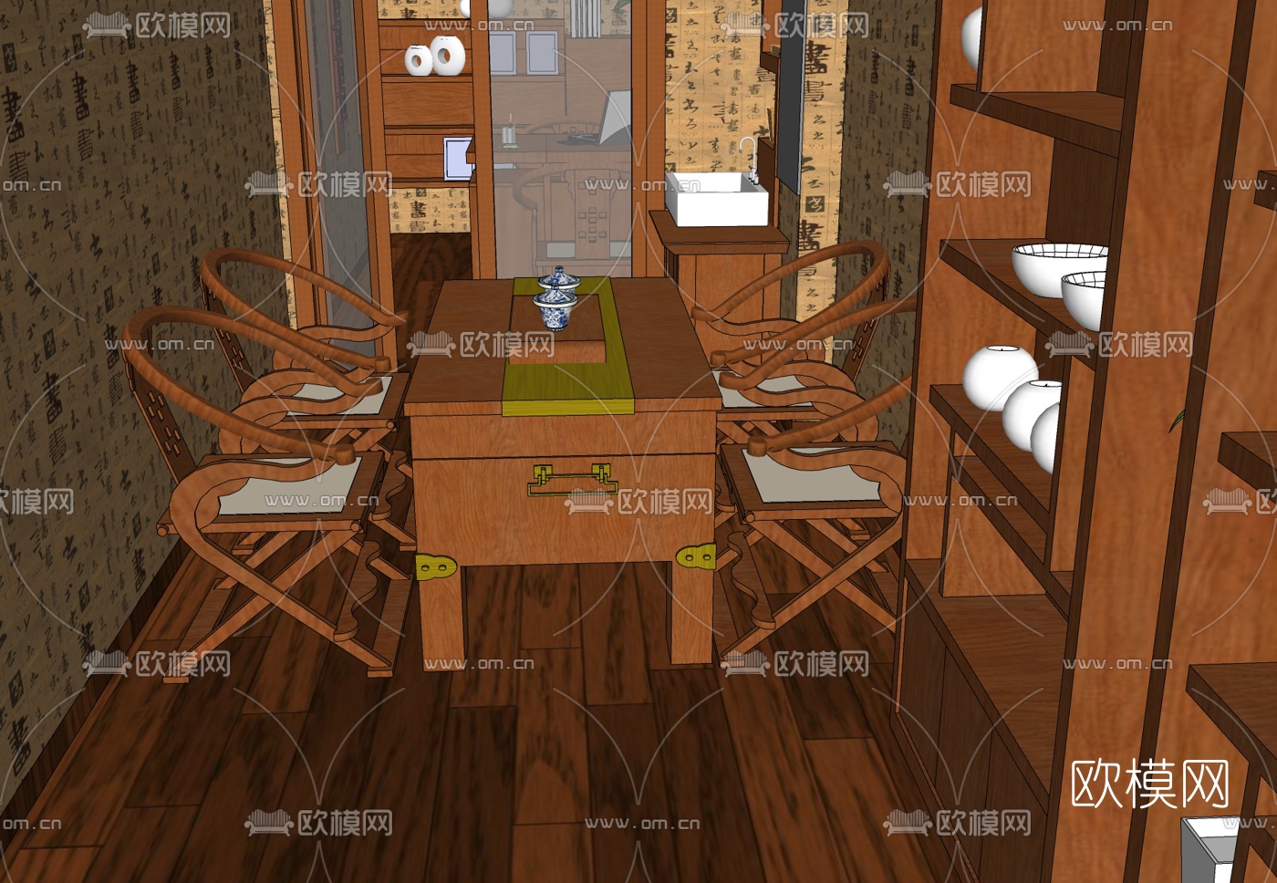 中式茶桌椅免费su模型下载