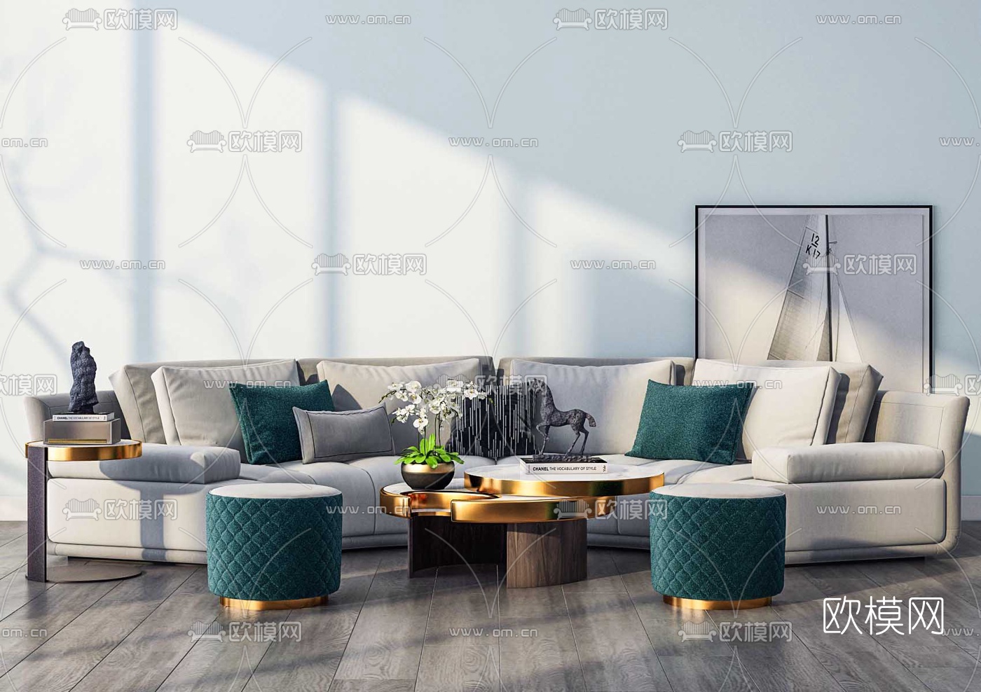 现代布艺弧形沙发组合3d模型