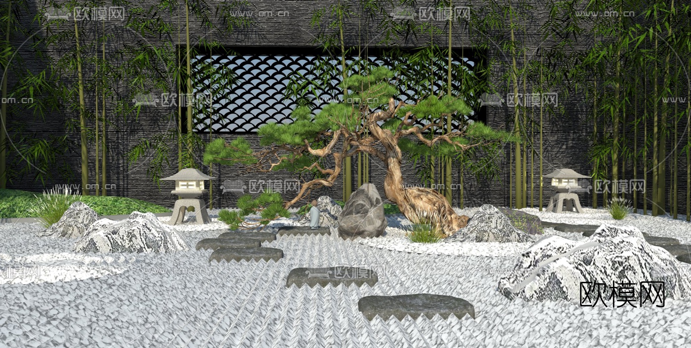 新中式枯山水禅意庭院景观su模型-免费3dmax模型库-欧模网