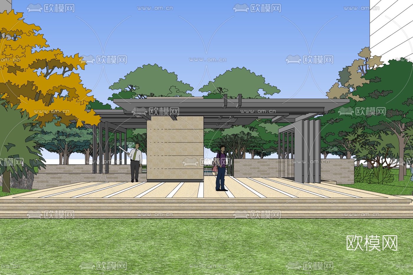 现代公园廊架免费su模型下载