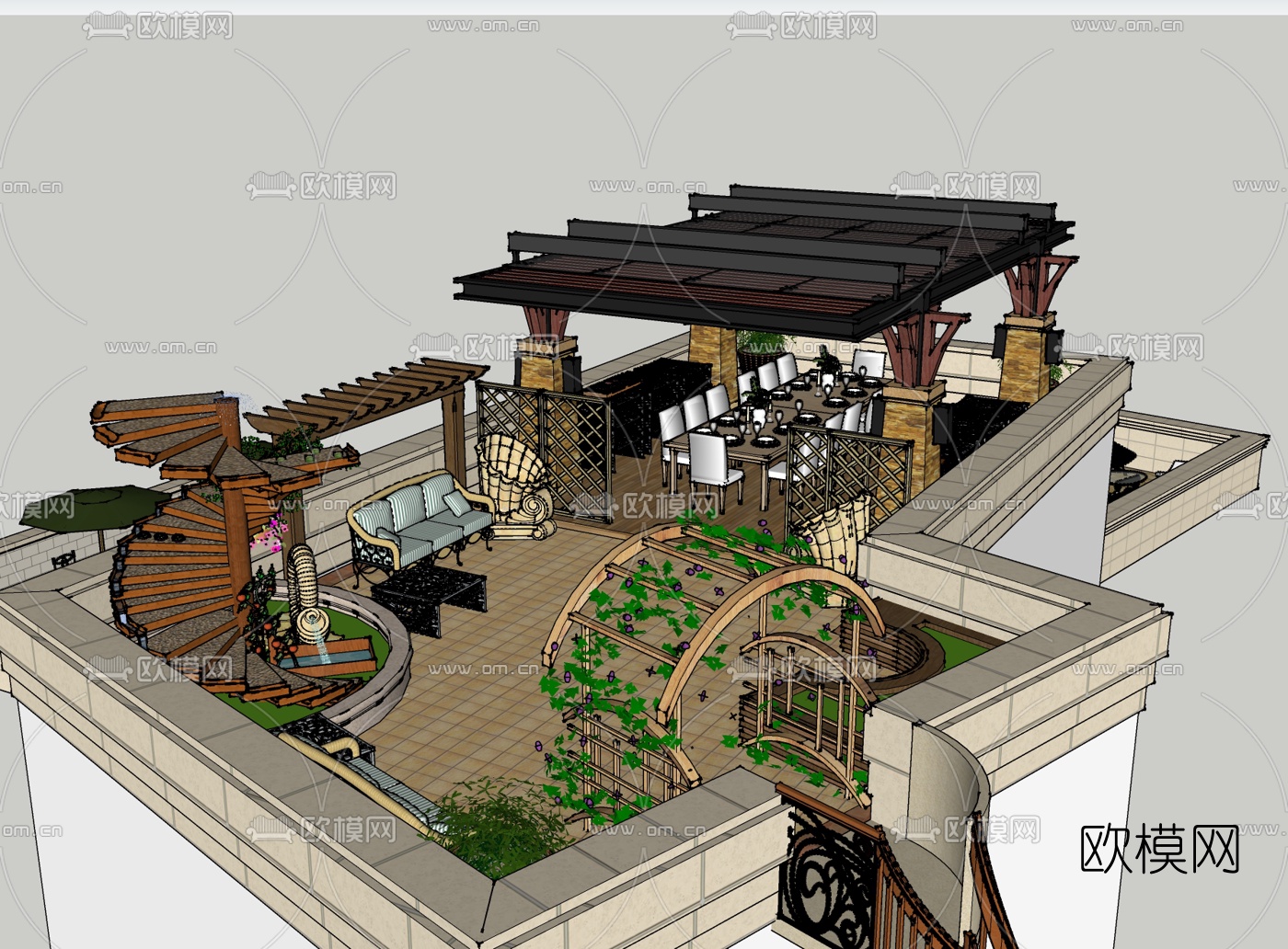 日式阳台花园免费su模型下载