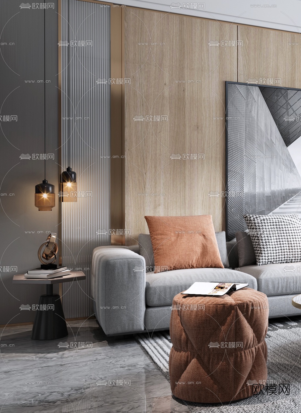 现代简约客厅3d模型下载（渲染图2）