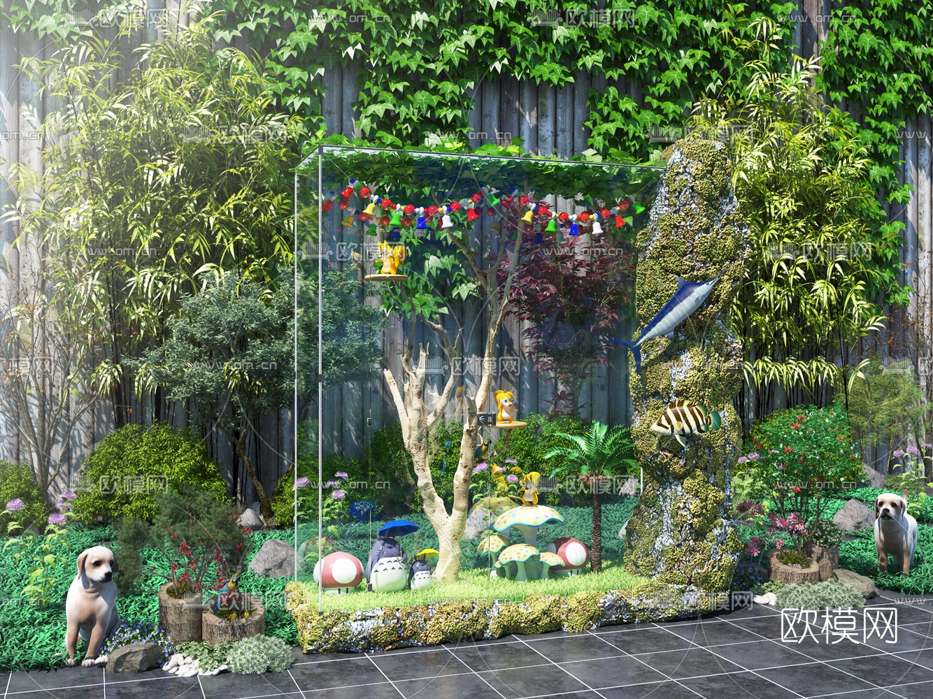 自然风绿植假山景观小品3d模型下载