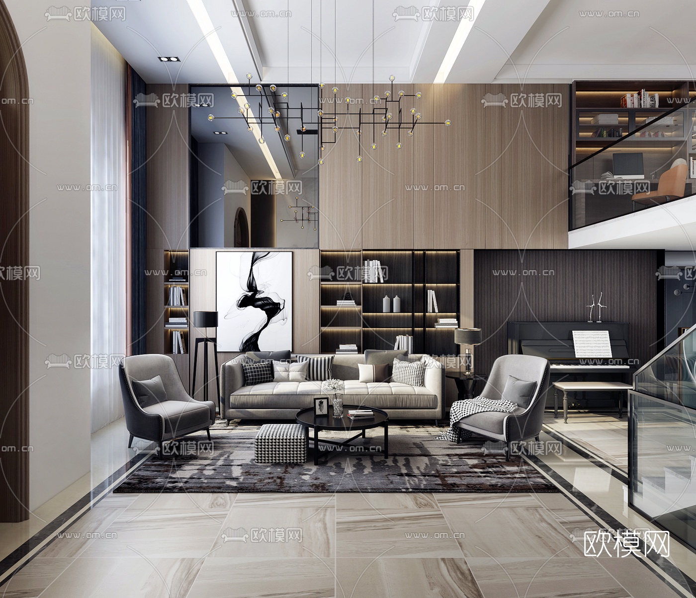 现代复式公寓客厅餐厅书房3d模型下载（渲染图1）