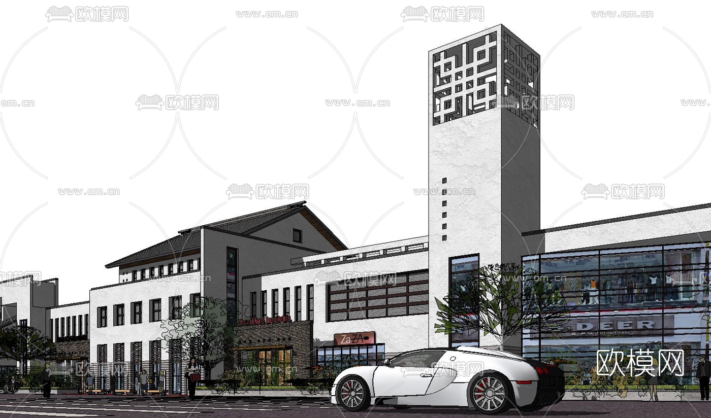 新中式商业街su模型下载