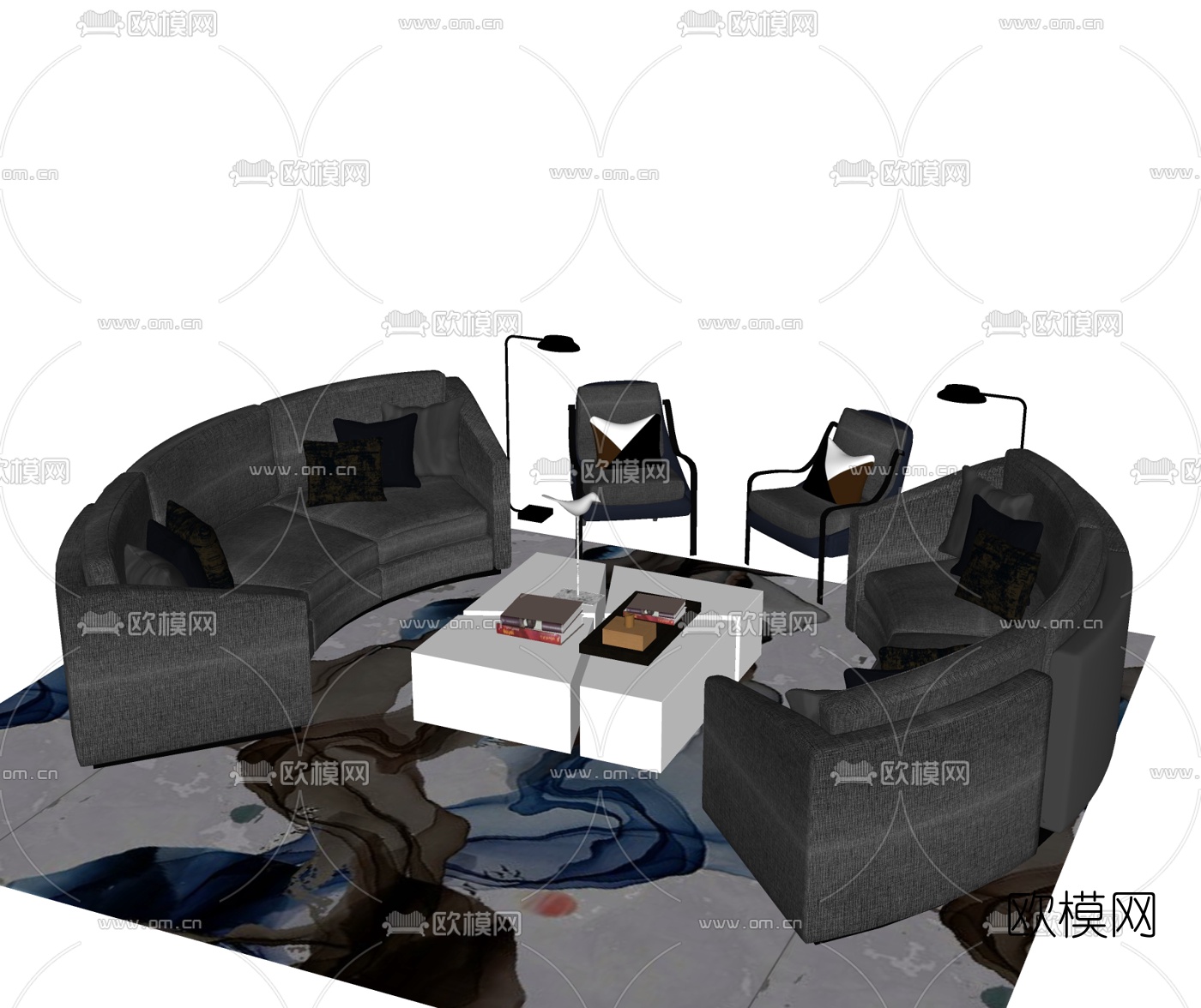 新中式布艺沙发组合su模型下载（渲染图2）